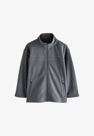 Veste polaire gris foncé avec fermeture éclair devant et deux poches zippées, col montant et manches longues.