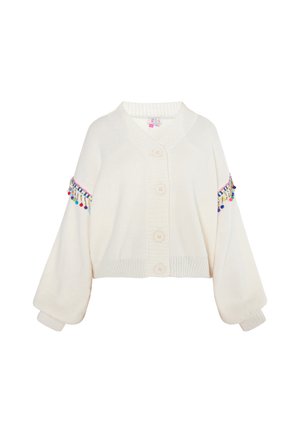 Crèmekleurige cropped cardigan van zacht breimateriaal, met een geribde zoom, vijf knopen en kleurrijke geborduurde accenten op de mouwen.