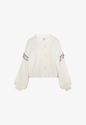 Krém színű, rövidített kardigán, puha kötött anyagból készült, bordás alsó résszel, öt gombbal és színes hímzett díszítésekkel az ujjakon.