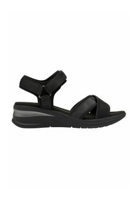 Sandal noir avec un design de sangle ajustable, semelle rembourrée et une semelle légèrement surélevée. Présente un revêtement texturé et des accents lisses.