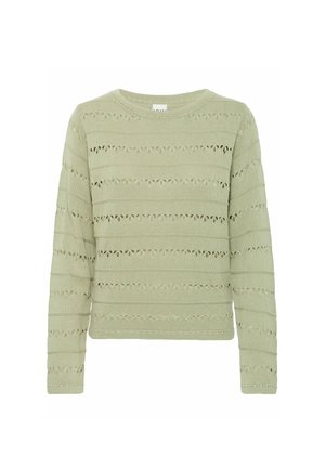 Vaaleanvihreä neulepusero, jossa on teksturoitu muotoilu, vaakasuoria raidoituksia ja pieniä leikattuja kuvioita, pyöreä kaula-aukko ja pitkät hihat.