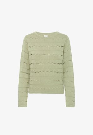 Maglione lavorato a maglia verde chiaro con un design testurizzato caratterizzato da righe orizzontali e piccoli motivi a traforo, scollatura rotonda e maniche lunghe.