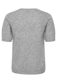 Pull en maille gris clair à manches courtes avec un col rond, vu de dos.