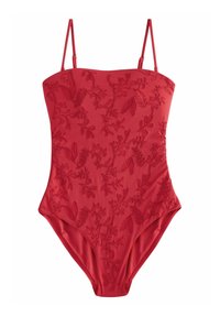 Rød heldragtssvømmebikini med justerbare spaghetti-stropper, der har blomstermotiver broderet over hele kroppen og en glat tekstur.