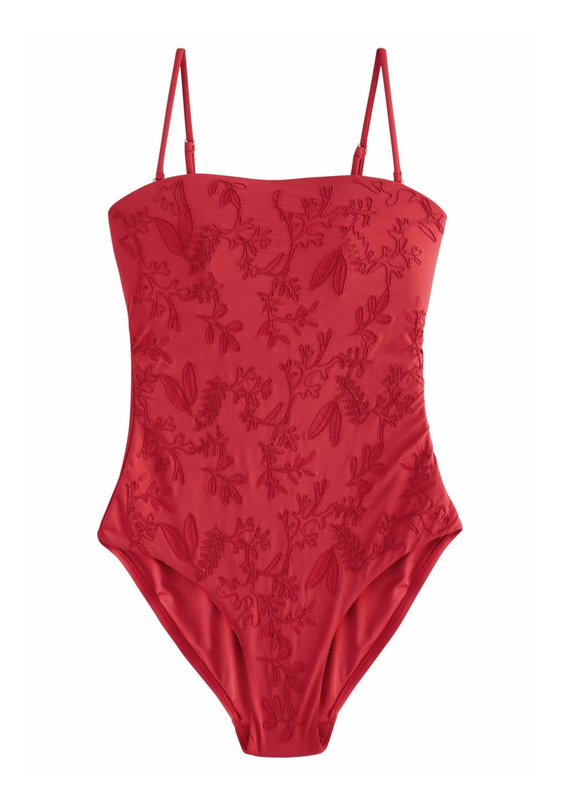 Rød heldragtssvømmebikini med justerbare spaghetti-stropper, der har blomstermotiver broderet over hele kroppen og en glat tekstur.