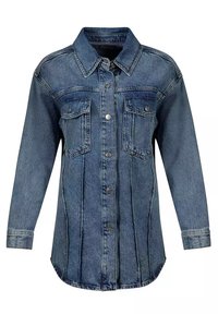 Koszula dżinsowa z zapięciem na guziki, wyostrzonym kołnierzykiem, dwiema kieszeniami na piersi oraz długimi rękawami. Jasnoniebieski do średniego niebieskiego w odcieniu z wyblakłym wykończeniem.