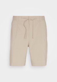 Beige-linjakankaiset shortsit, joissa on kiristettävä vyötärö, pleatattu etuosa ja suora lahkeen muoto. Pehmeä rakenne, yksinkertainen ompelu ja ilman näkyviä kuvioita.