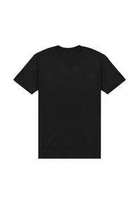 Sort bomulds t-shirt med korte ærmer, rund hals og en ensfarvet bagside. Glat tekstur uden synlige mønstre eller accenter.