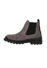 Botas Chelsea de ante gris con panel lateral de elastano negro, suela de goma y un tirador en la parte trasera. Superficie texturizada y diseño resistente.