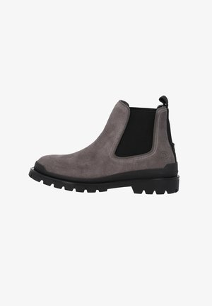 Grijze suède chelseaboots met een zwarte elastische zijpaneel, rubberen zool en een trekband aan de achterkant. Gestructureerd oppervlak en stevige ontwerpen.