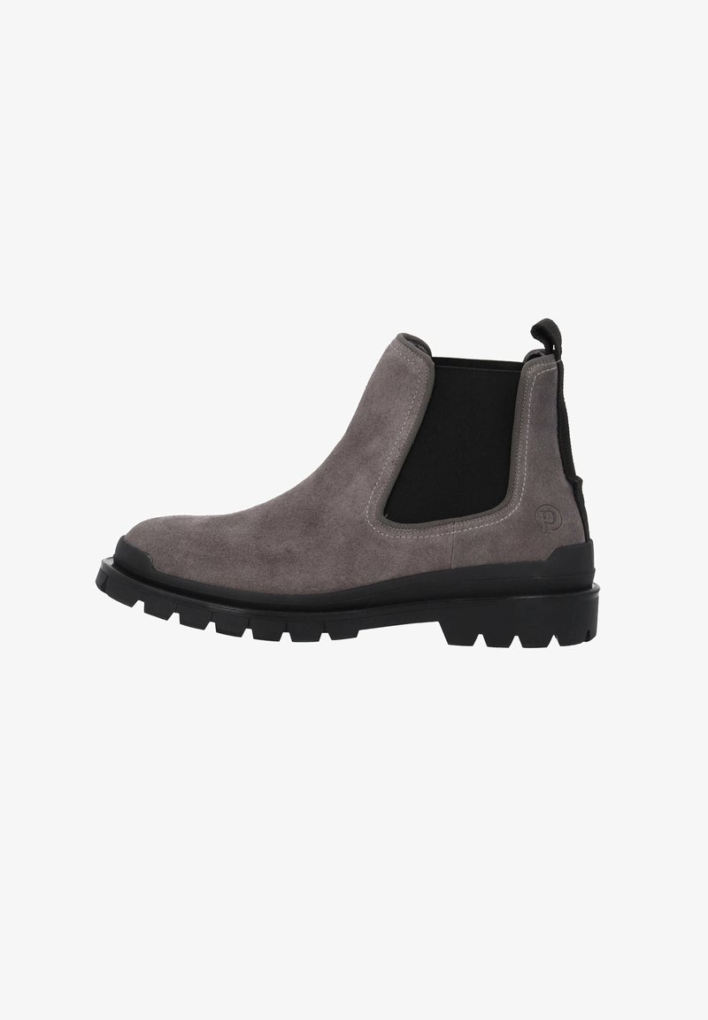 Botas Chelsea de ante gris con panel lateral de elastano negro, suela de goma y un tirador en la parte trasera. Superficie texturizada y diseño resistente.