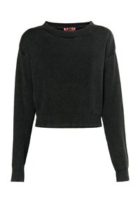 Zwarte geribde crop sweater met een wijde halslijn, lange mouwen en elastische boorden en zoom. Geweven patroon over het geheel.