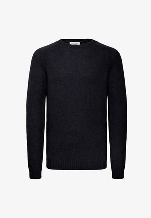 Tamno pleteni pulover s dugim rukavima, okruglim izrezom, rebrastim manžetama i donjim rubom, izrađen od mekanog materijala, s glatkom teksturom i jednobojnom bojom.