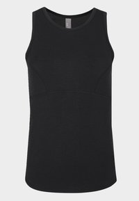Černý top bez rukávů vyrobený z měkké bavlněné směsi, s přiléhavým střihem, kulatým výstřihem a bezšvovou konstrukcí bez viditelného kování.