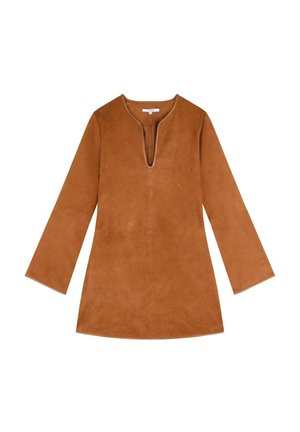 Bruine suedetunika met een V-hals, lange mouwen en een rechte snit. Bevat minimale naden en een gladde, zachte textuur.