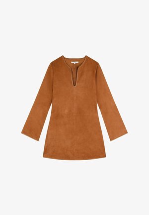 Braune Wildleder-Tunika mit V-Ausschnitt, langen Ärmeln und geradem Schnitt. Verfügt über minimale Nähte und eine glatte, weiche Textur.