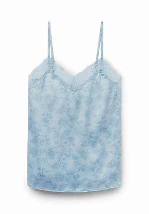 Camisole bleu clair sans manches avec fines bretelles, bordure en dentelle à l'encolure et motif floral subtil sur tout le tissu.