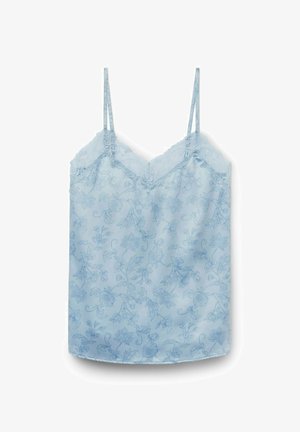 Camisole bleu clair sans manches avec fines bretelles, bordure en dentelle à l'encolure et motif floral subtil sur tout le tissu.