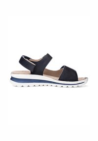 Black leather open-toe sandal with padded sole, adjustable Velcro straps, and white ridged outsole for casual wear.