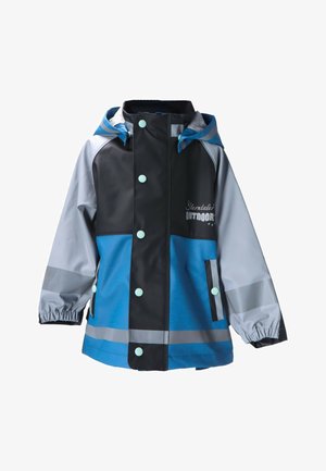 Giacca impermeabile da esterni con un mix di pannelli neri, blu e grigi, dotata di cappuccio, polsini elastici e bottoni a pressione turchesi.