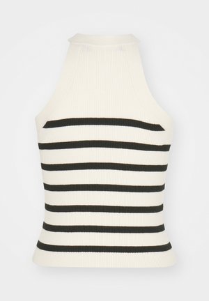 Top halter canelado em creme e riscas pretas. Apresenta um design ajustado com um decote alto e sem mangas. Tecido texturizado.