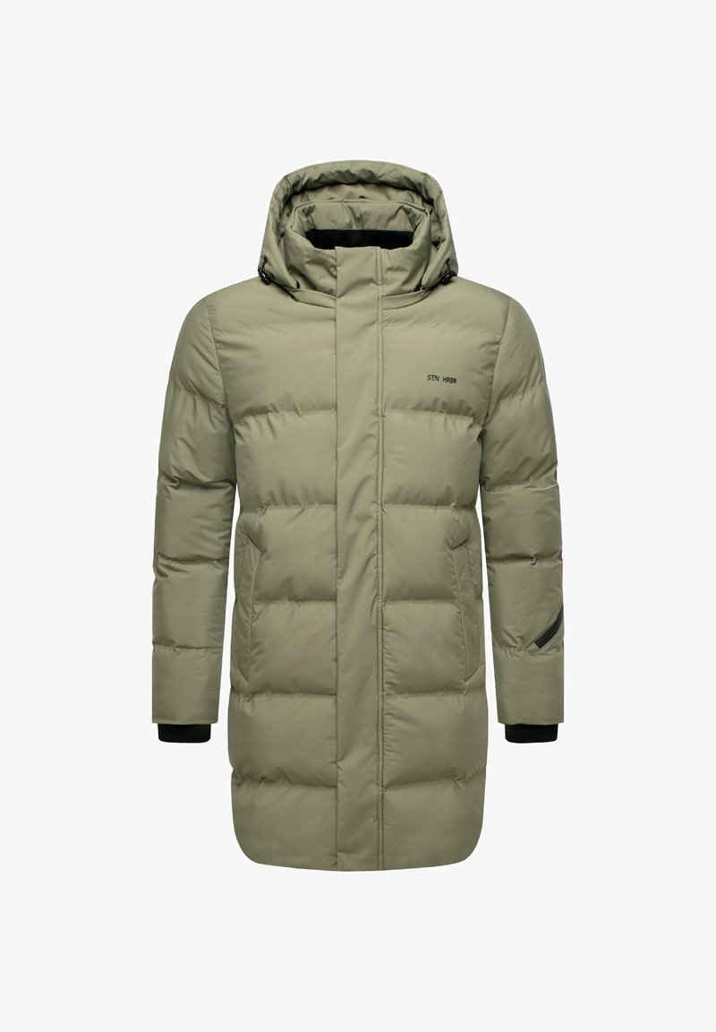 Cămașă de iarnă lungă pentru bărbați, de culoare verde măslinie, captusită, cu glugă atașată, fermoar frontal și două buzunare pentru mâini.