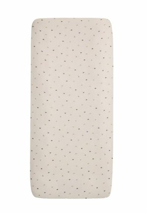 Colchón rectangular color crema con pequeñas estampas multicolor de animales y árboles dispersas por su superficie.