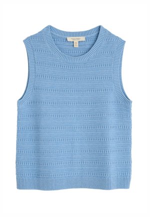 Top senza maniche di colore blu chiaro in maglia, con un motivo a strisce testurizzate, scollo e orlo a costine. Design informale con una vestibilità rilassata.