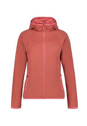 Coral pink women's zip-up hooded jacket with textured fabric, long sleeves, and zippered side pockets, displayed on a white background.
