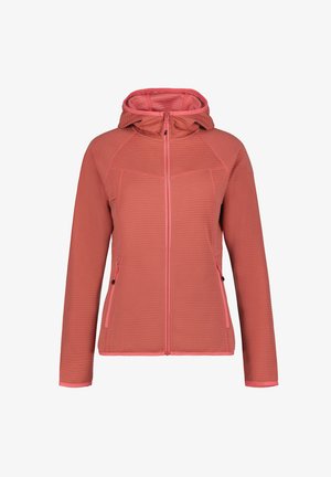 Korallenrosa Damenjacke mit Reißverschluss und Kapuze aus strukturiertem Stoff, langen Ärmeln und seitlichen Reißverschlusstaschen, präsentiert vor weißem Hintergrund.