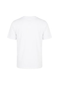 T-shirt blanc uni à manches courtes et col rond, vu de dos sur un fond blanc.