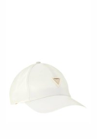 Casquette de baseball blanche en tissu lisse, présentant un accent triangulaire doré à l'avant, une calotte arrondie et une visière incurvée.