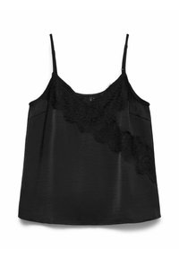 Svart camisole med justerbare spaghetti-stropper, satengfinish og et diagonalt blonderpanel på forsiden. Glatt tekstur.