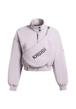 Light purple cropped jacket with high collar and front zipper, paired with a matching crossbody bag labeled "KHUJO 2001."