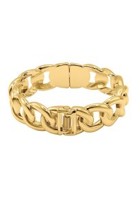 Bracciale in oro con grandi anelli intrecciati e una chiusura sicura. Superficie metallica liscia e lucida con una finitura dorata coerente.