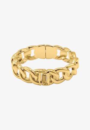 Goldene Kettenarmband mit großen, ineinandergreifenden Gliedern und einem sicheren Verschluss. Glatte, glänzende Metalloberfläche mit einem gleichmäßigen Gold-Finish.