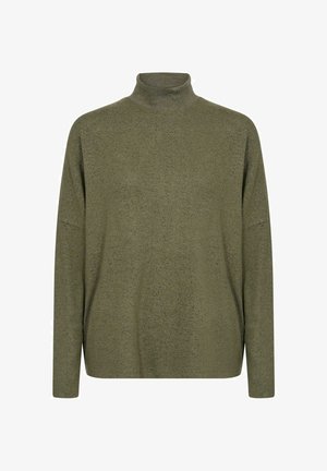 Olivgrüner Rollkragenpullover aus einem weichen, strukturierten Stoff. Verfügt über eine lässige Passform mit langen Ärmeln und einem subtilen Melange-Muster.