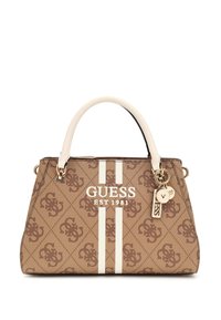 Sac à main synthétique marron avec des rayures blanches, matériel doré et accents de logo. Il dispose de deux poignées et d'un bracelet détachable.