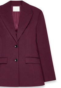 Bordo švarkas su pritaikytu dizainu, turintis išpjovą aplink kaklą, dvi priekinės kišenės ir du juodi mygtukai priekyje.