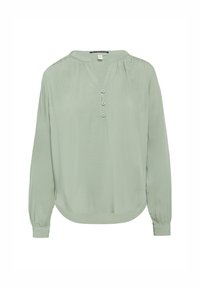 Blouse à manches longues vert clair en tissu lisse. Présente un col en V, trois boutons décoratifs et des épaules froncées avec des poignets élastiques.