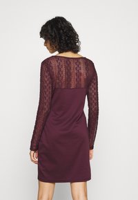 Bordové šaty s dlouhými průsvitnými krajkovými rukávy. Přiléhavý korzet přechází do hladké sukně. Krajkové detaily zahrnují květinový vzor na rukávech.