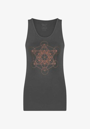 Gray tank top with a fitted design. Features an orange geometric pattern centered on the front. Made from soft, stretchable fabric.