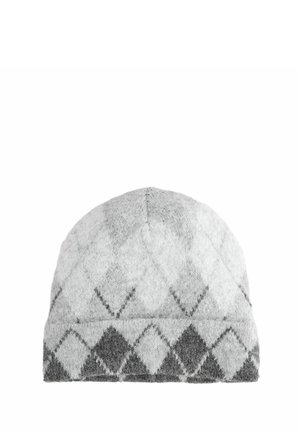 Gray knit beanie with a diamond pattern, featuring light and dark gray tones, soft texture, and a rounded shape.