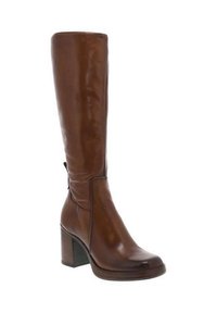 Bottines en cuir marron montantes avec une finition lisse, un bout carré et un talon épais. Fermeture éclair sur le côté pour un enfilage facile. Couture détaillée le long des coutures.