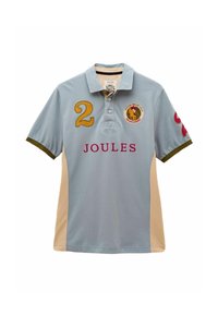 Light blue and beige polo shirt with collar, gold number 2 on chest, red "JOULES" text, and round polo player patch on left chest.