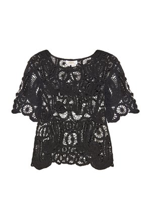 Fekete horgolt felső rövid ujjal, bonyolult virágos és kanyargós mintákkal, fodros szegéllyel és kerek nyakkivágással.