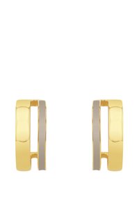 Goldene Creolen mit einer flachen Oberfläche und einem gebürsteten Metallelement. Das Design beinhaltet eine geteilte, offene Form für einen modernen Look.