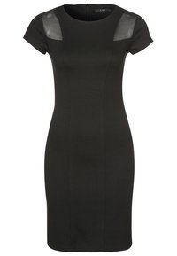 Robe moulante noire à manches courtes, avec des insertions noires transparentes sur les épaules. Fabriquée en matière extensible avec une silhouette ajustée.