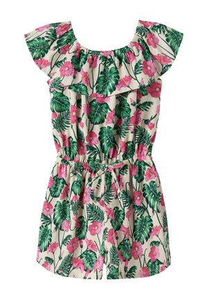 Off-shoulder ærmeløs kjole med elastisk talje og bindebånd, med lyserøde hibiscusblomster og grønne tropiske blade på en cremefarvet baggrund.