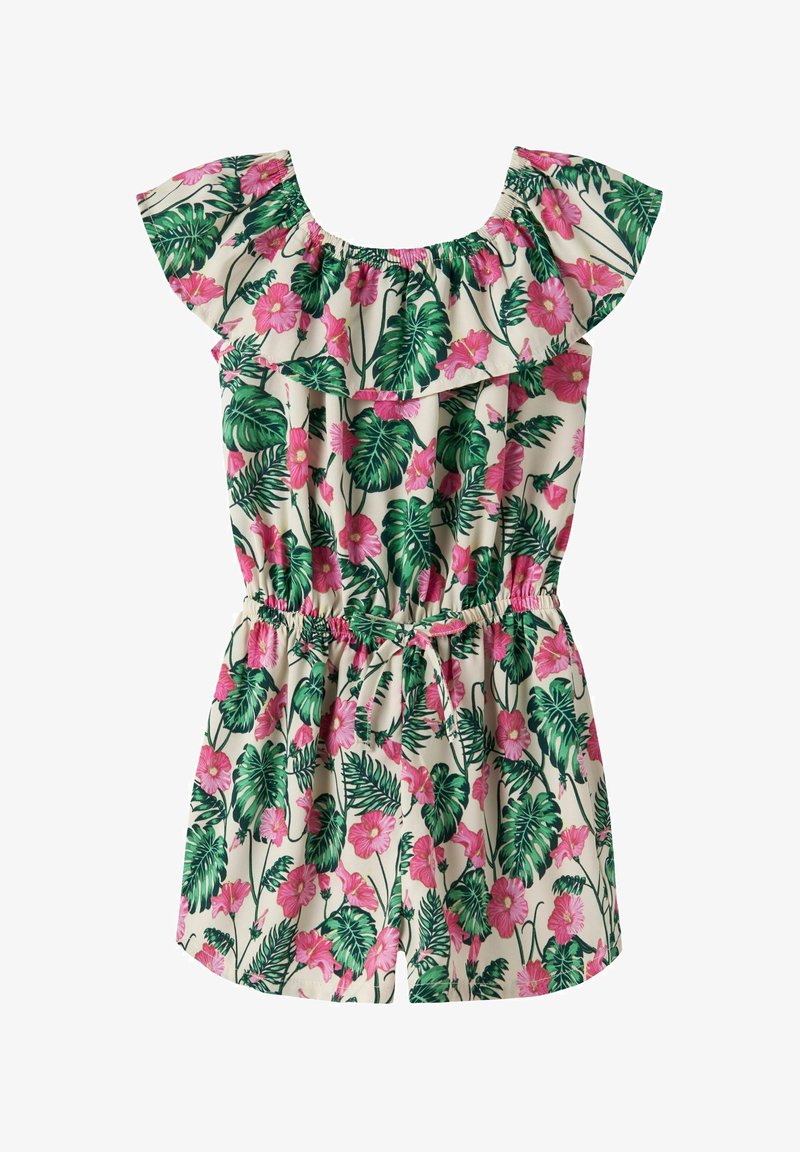 Robe sans manches et décolletée, avec une taille élastique et une ceinture à nouer, ornée de fleurs d'hibiscus roses et de feuilles tropicales vertes sur un fond crème.